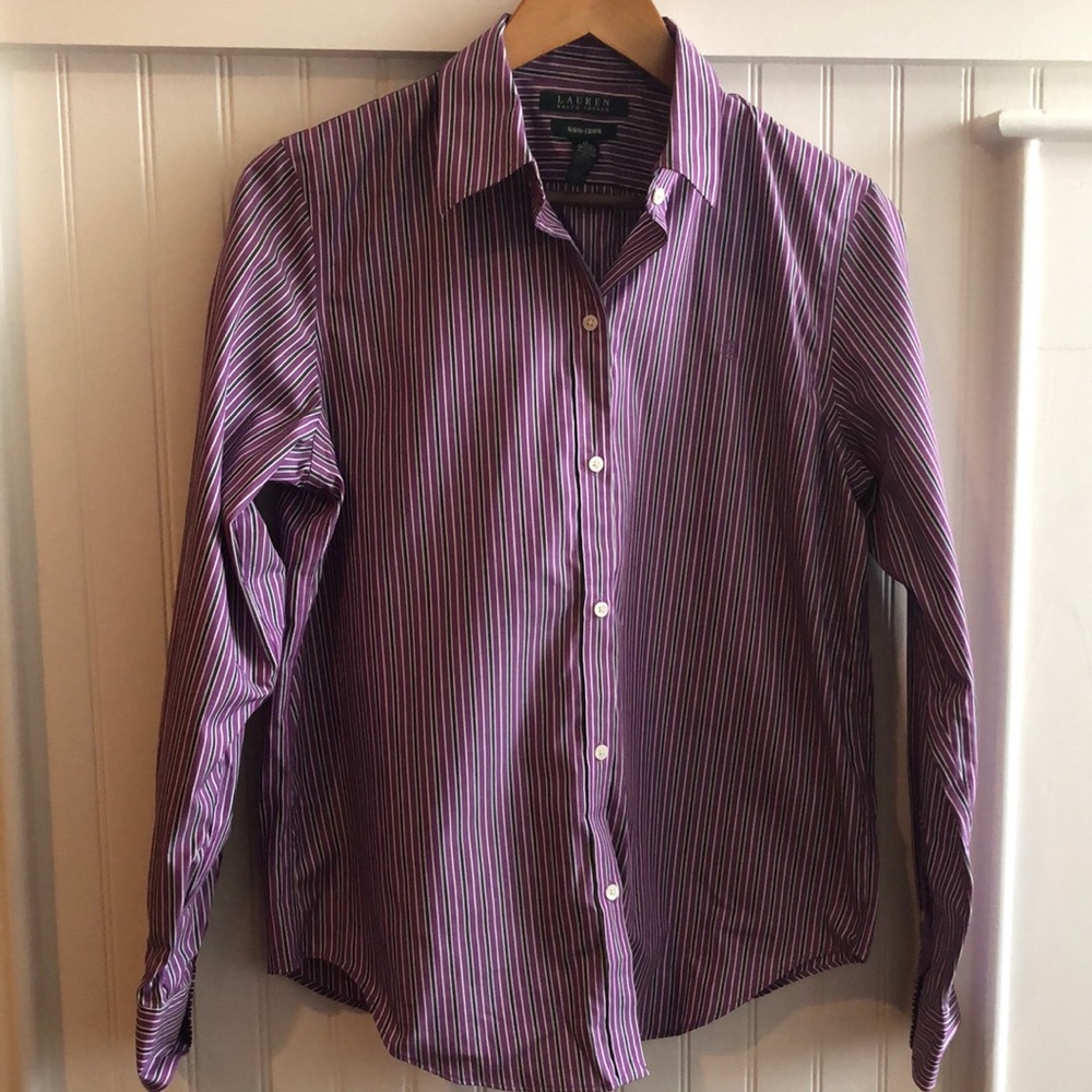 Lauren Ralph Lauren striped button down shirt. Size M. Purple/white/dk gray